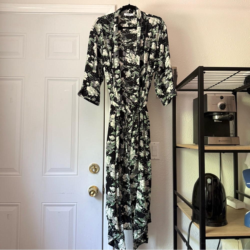 SMASH + TESS black white‎ green floral viscose shirt sleeve wrap style midi maxi